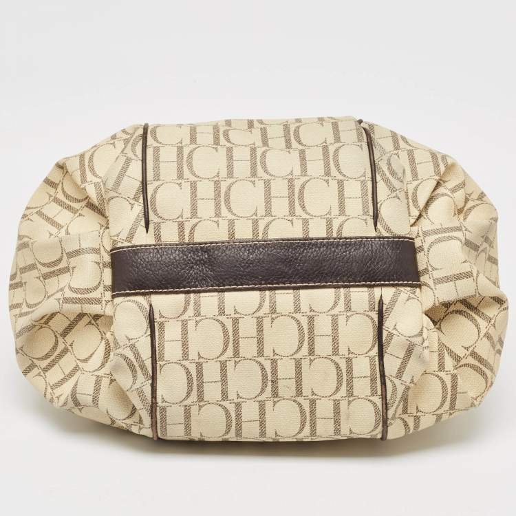 Pre Owned Carolina Herrera Cream/Brown Monogram Coated Canvas and Leather Chain Hobo