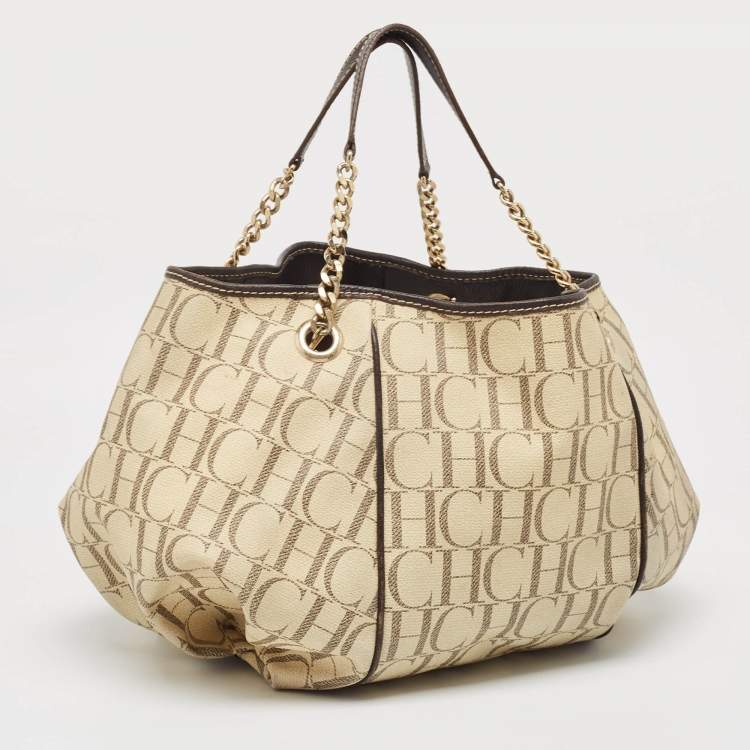 Pre Owned Carolina Herrera Cream/Brown Monogram Coated Canvas and Leather Chain Hobo