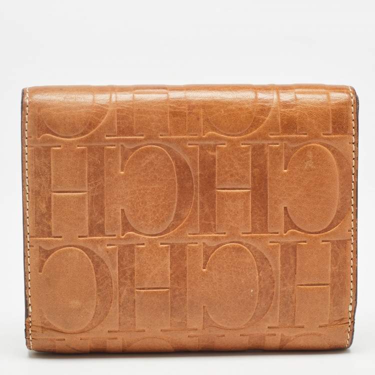 Pre Owned Carolina Herrera Brown Monogram Embossed Leather Trifold Wallet