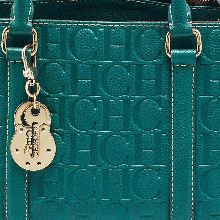 Pre Owned Carolina Herrera Green Monogram Embossed Leather Matteo Tote
