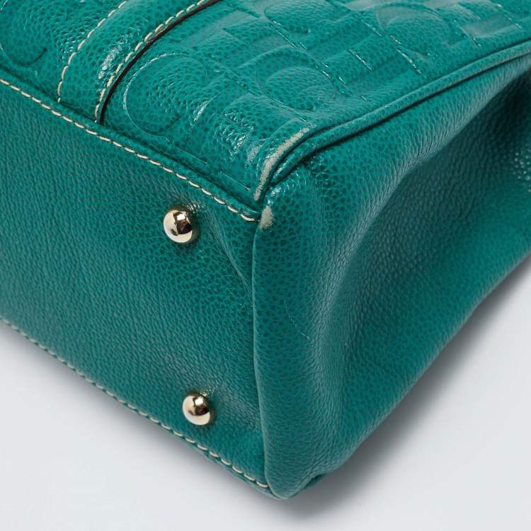 Pre Owned Carolina Herrera Green Monogram Embossed Leather Matteo Tote