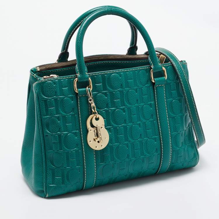 Pre Owned Carolina Herrera Green Monogram Embossed Leather Matteo Tote