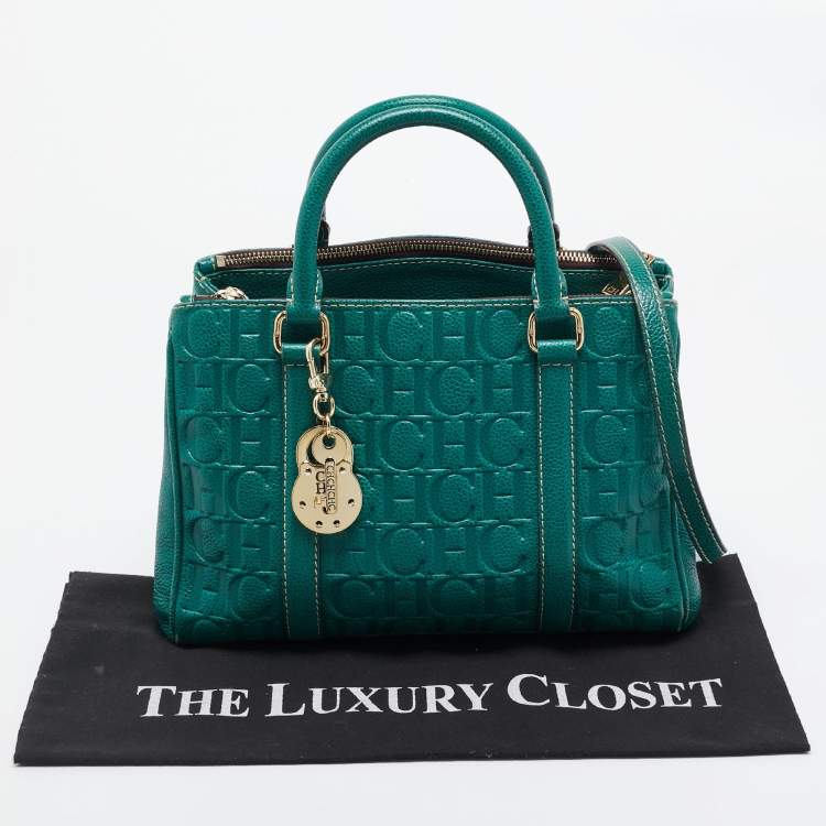 Pre Owned Carolina Herrera Green Monogram Embossed Leather Matteo Tote