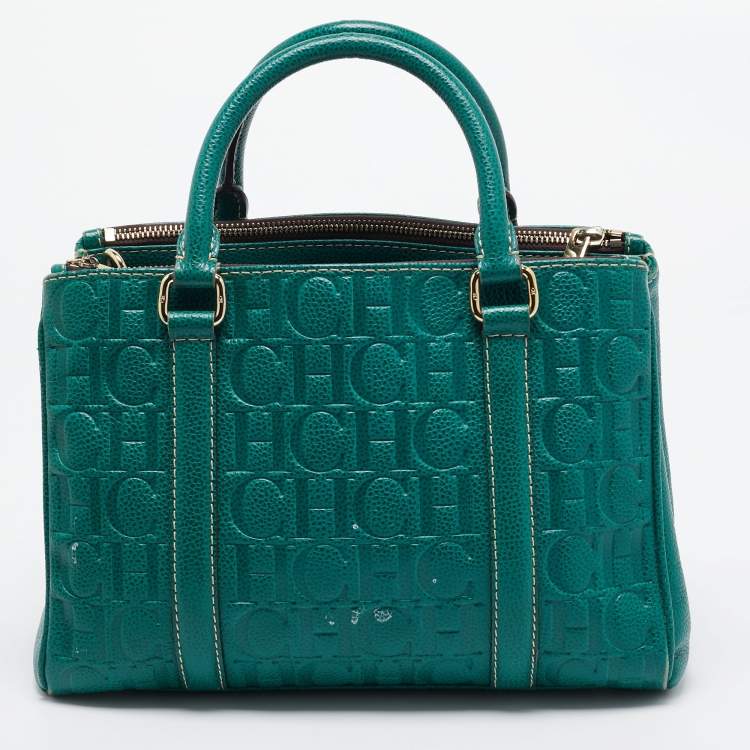 Pre Owned Carolina Herrera Green Monogram Embossed Leather Matteo Tote