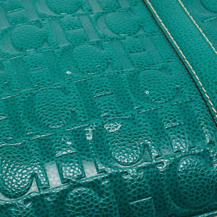 Pre Owned Carolina Herrera Green Monogram Embossed Leather Matteo Tote