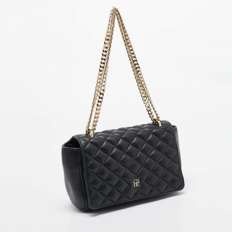 Pre Owned Carolina Herrera Black Quilted Leather Flap Chain Shoulder Bag