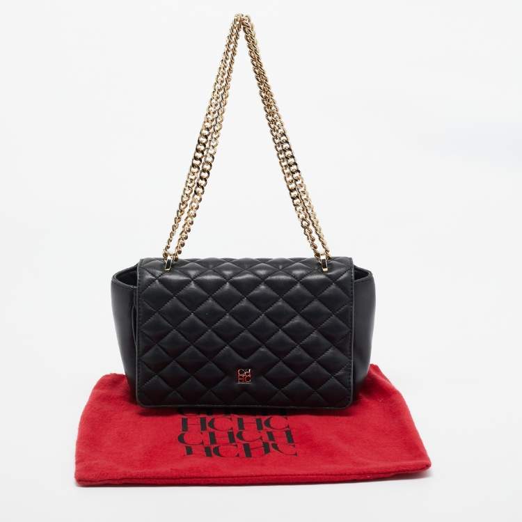 Pre Owned Carolina Herrera Black Quilted Leather Flap Chain Shoulder Bag