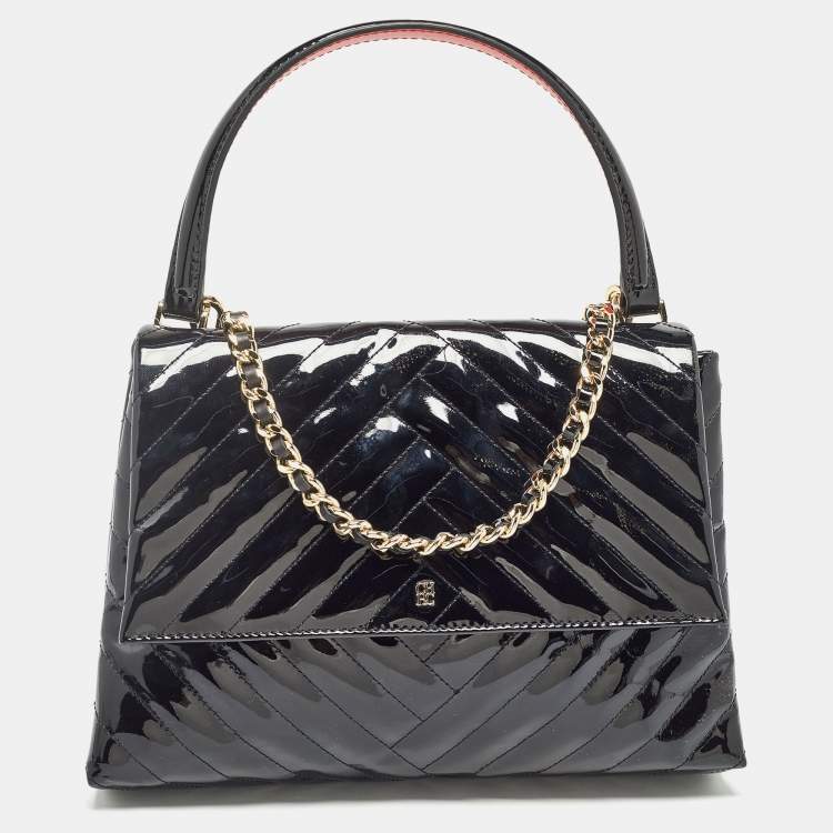Pre Owned Carolina Herrera Black Diagonal Quilted Patent Leather Flap Top Handle Bag