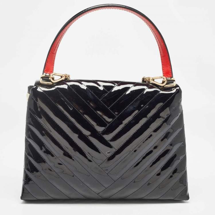 Pre Owned Carolina Herrera Black Diagonal Quilted Patent Leather Flap Top Handle Bag