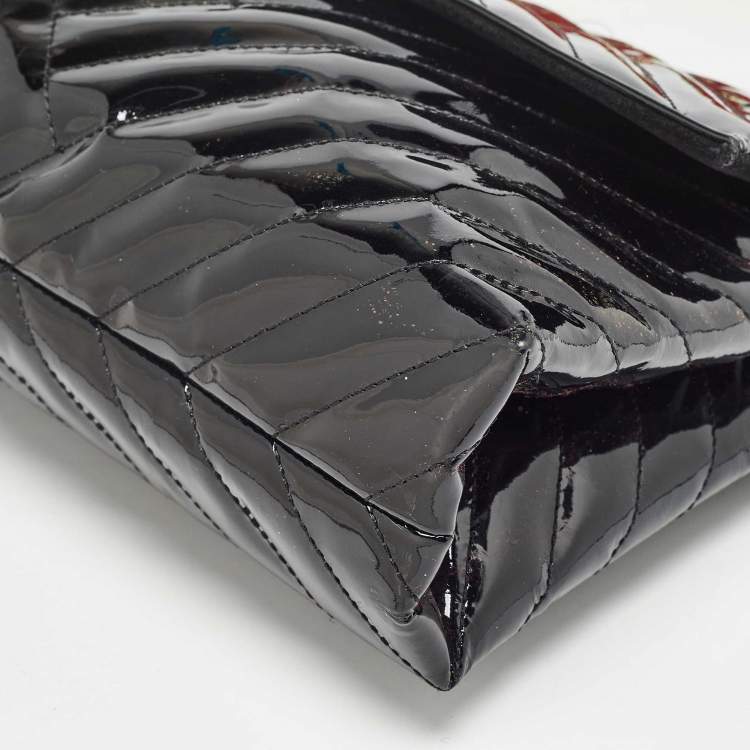 Pre Owned Carolina Herrera Black Diagonal Quilted Patent Leather Flap Top Handle Bag