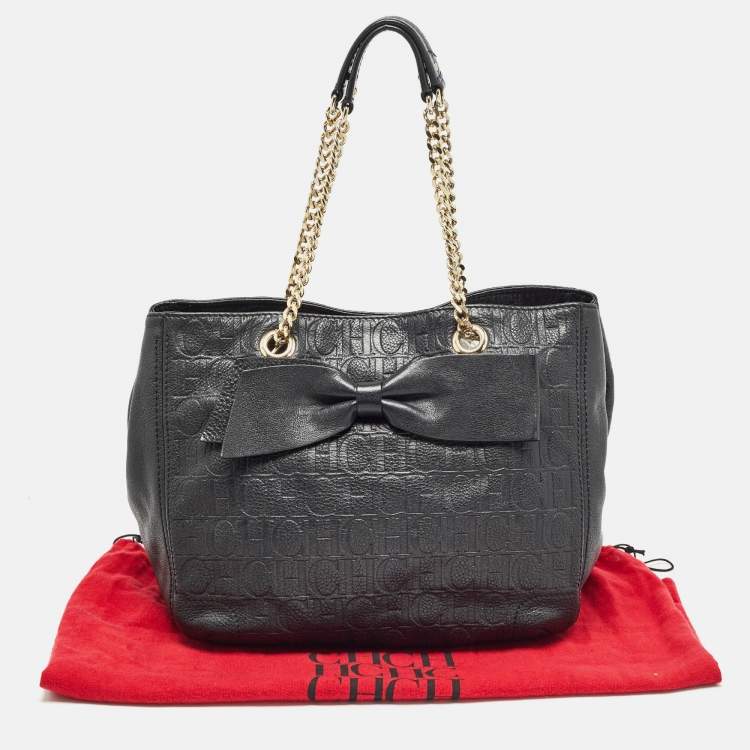 Pre Owned Carolina Herrera Black Monogram Embossed Leather Audrey Tote