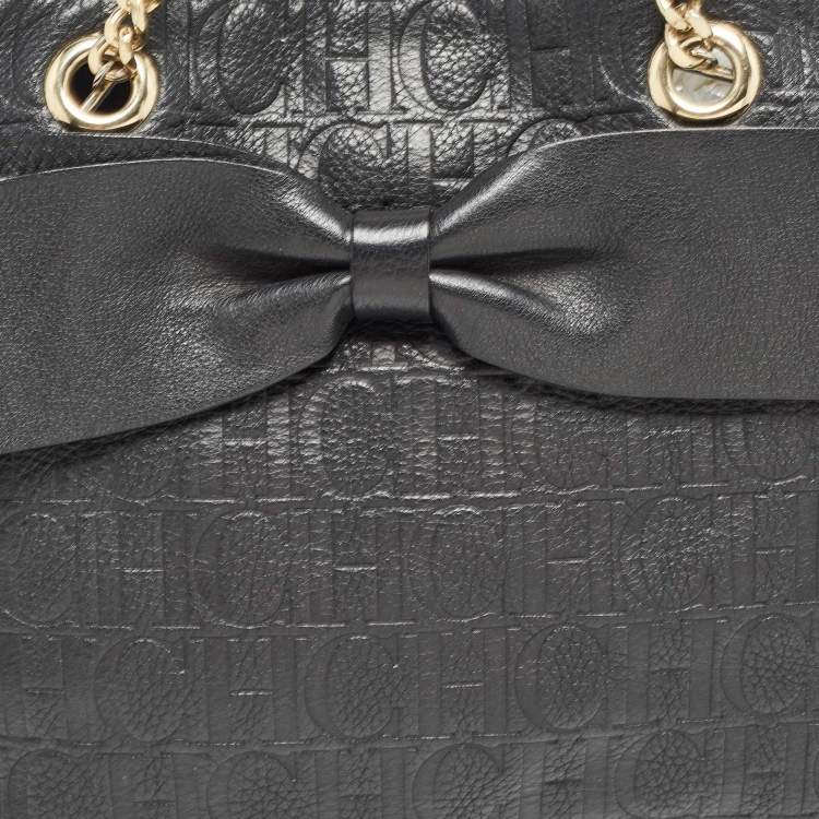Pre Owned Carolina Herrera Black Monogram Embossed Leather Audrey Tote