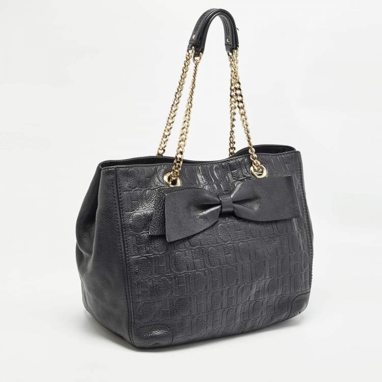 Pre Owned Carolina Herrera Black Monogram Embossed Leather Audrey Tote
