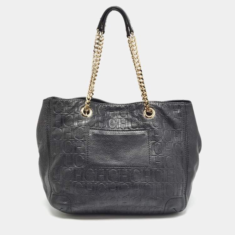 Pre Owned Carolina Herrera Black Monogram Embossed Leather Audrey Tote