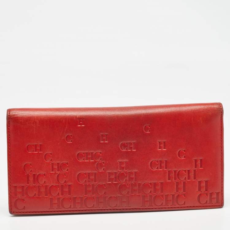 Pre Owned Carolina Herrera Red Monogram Embossed Leather Bifold Long Wallet