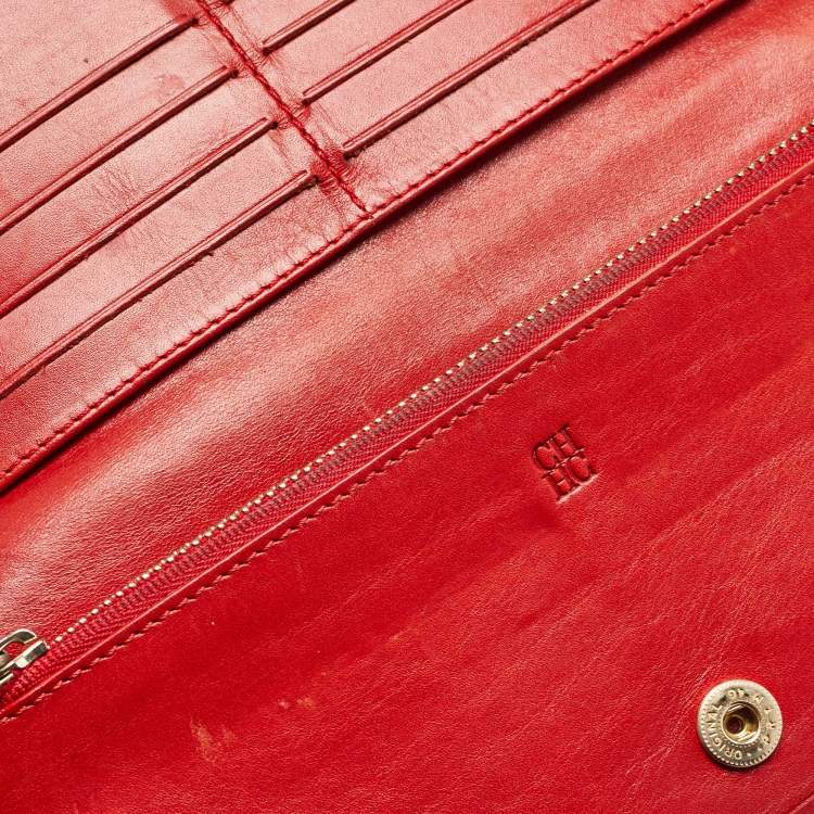 Pre Owned Carolina Herrera Red Monogram Embossed Leather Bifold Long Wallet
