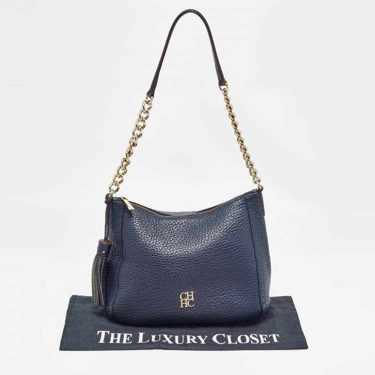 Pre Owned Carolina Herrera Navy Blue Leather Maria Tassel Hobo 