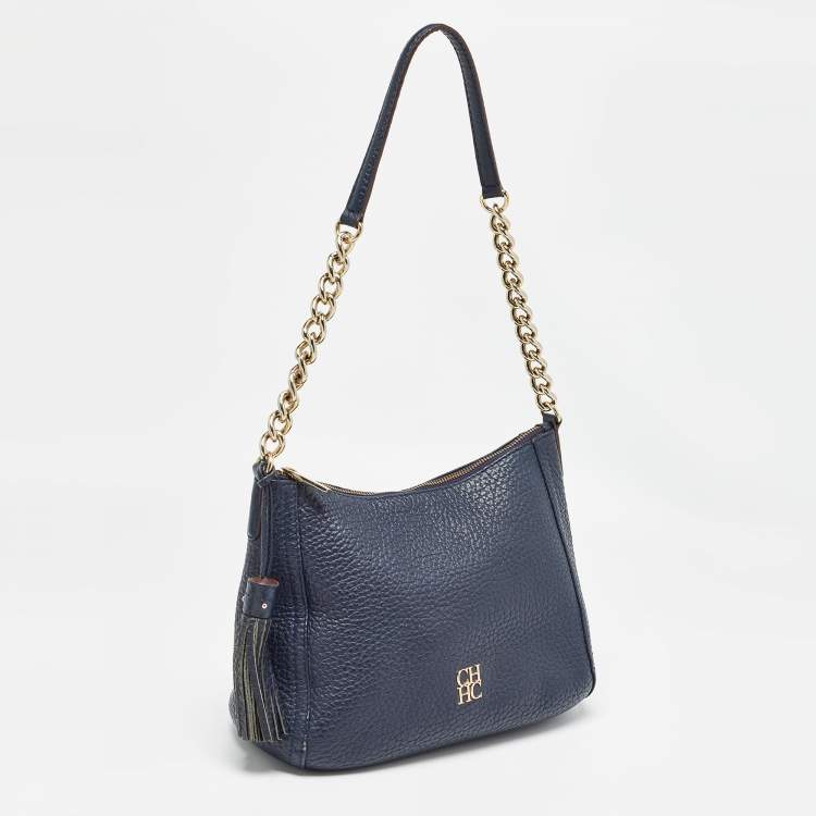 Pre Owned Carolina Herrera Navy Blue Leather Maria Tassel Hobo 