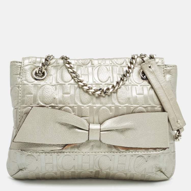 Pre Owned Carolina Herrera Silver Monogram Leather Audrey Shoulder Bag