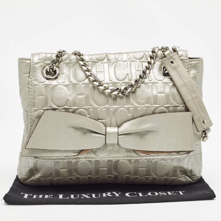 Pre Owned Carolina Herrera Silver Monogram Leather Audrey Shoulder Bag