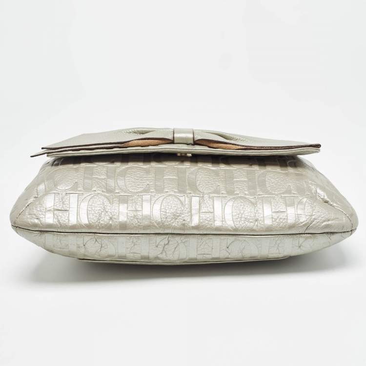 Pre Owned Carolina Herrera Silver Monogram Leather Audrey Shoulder Bag