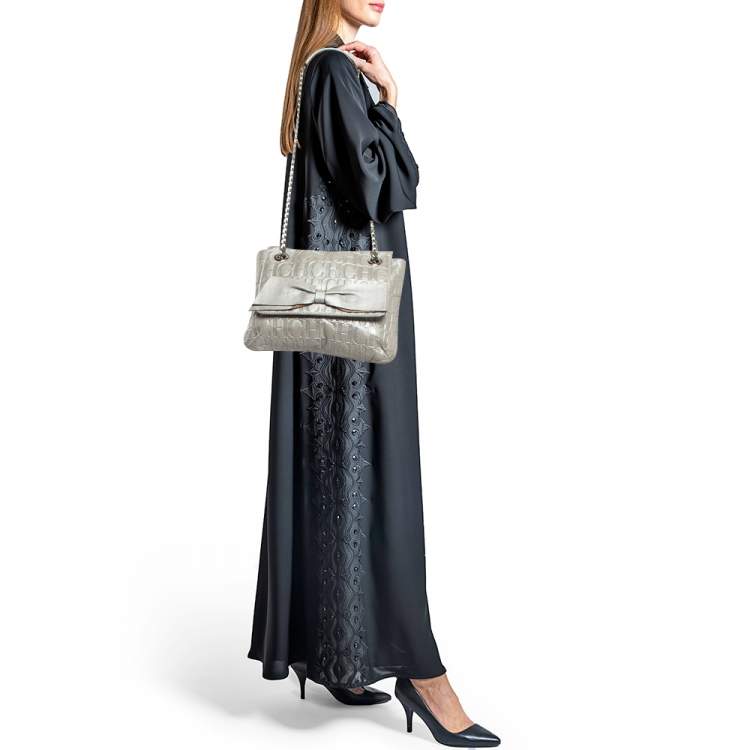 Pre Owned Carolina Herrera Silver Monogram Leather Audrey Shoulder Bag