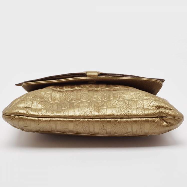 Pre Owned Carolina Herrera Gold Monogram Leather Audrey Shoulder Bag