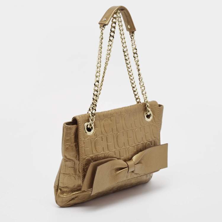 Pre Owned Carolina Herrera Gold Monogram Leather Audrey Shoulder Bag