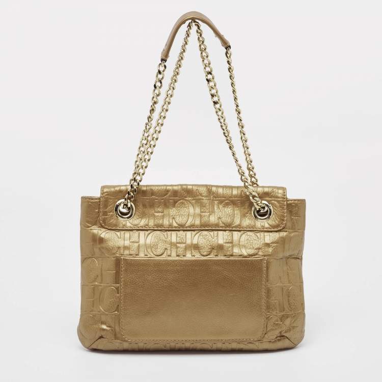 Pre Owned Carolina Herrera Gold Monogram Leather Audrey Shoulder Bag