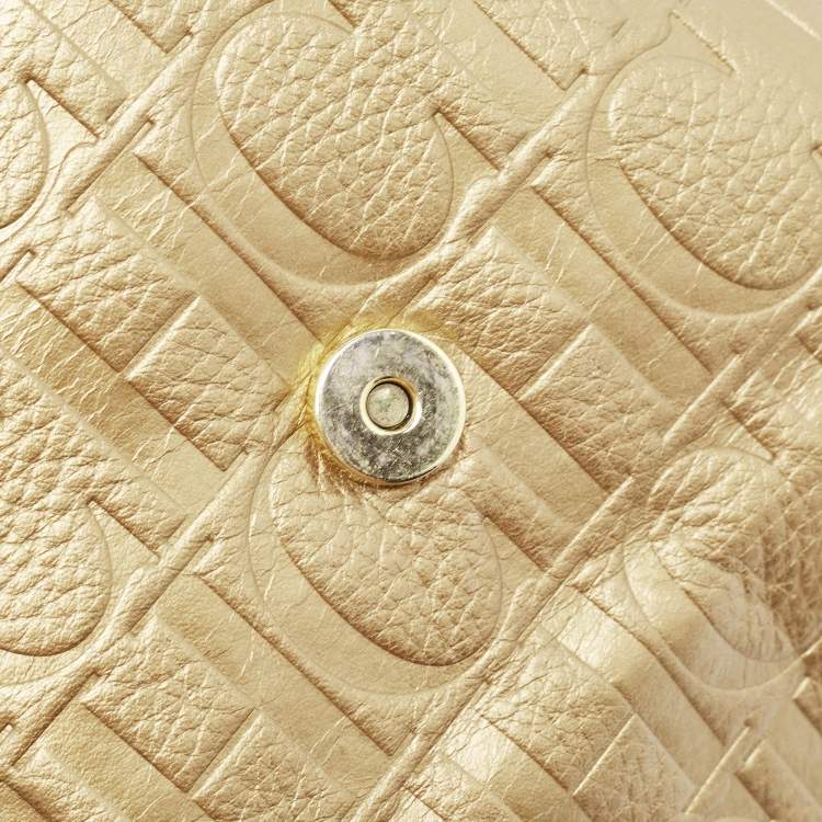 Pre Owned Carolina Herrera Gold Monogram Leather Audrey Shoulder Bag