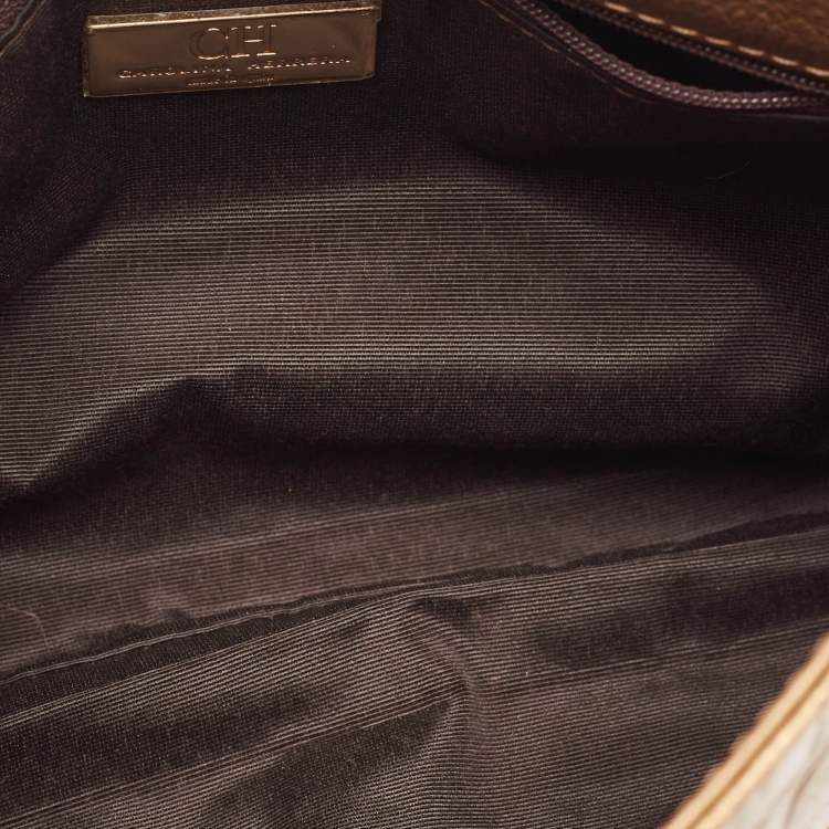 Pre Owned Carolina Herrera Gold Monogram Leather Audrey Shoulder Bag
