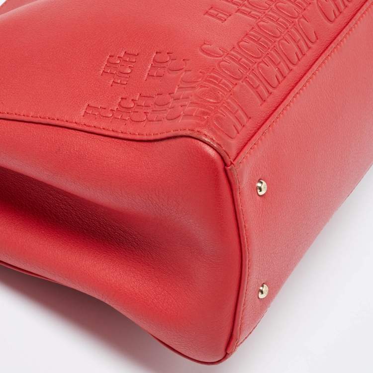 Pre Owned Carolina Herrera Red Monogram Embossed Leather Duchess Tote