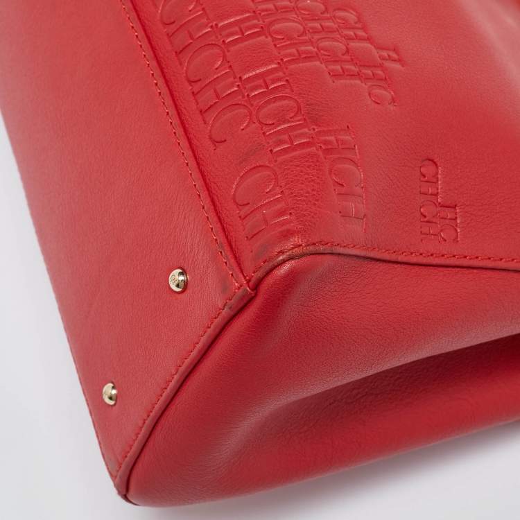 Pre Owned Carolina Herrera Red Monogram Embossed Leather Duchess Tote