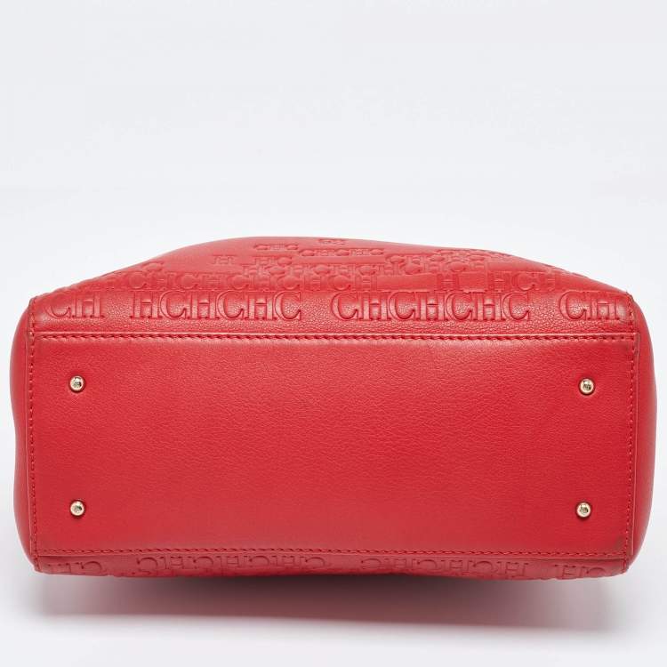 Pre Owned Carolina Herrera Red Monogram Embossed Leather Duchess Tote