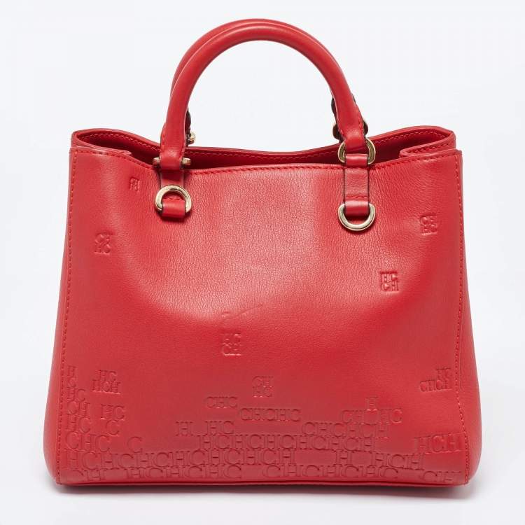 Pre Owned Carolina Herrera Red Monogram Embossed Leather Duchess Tote