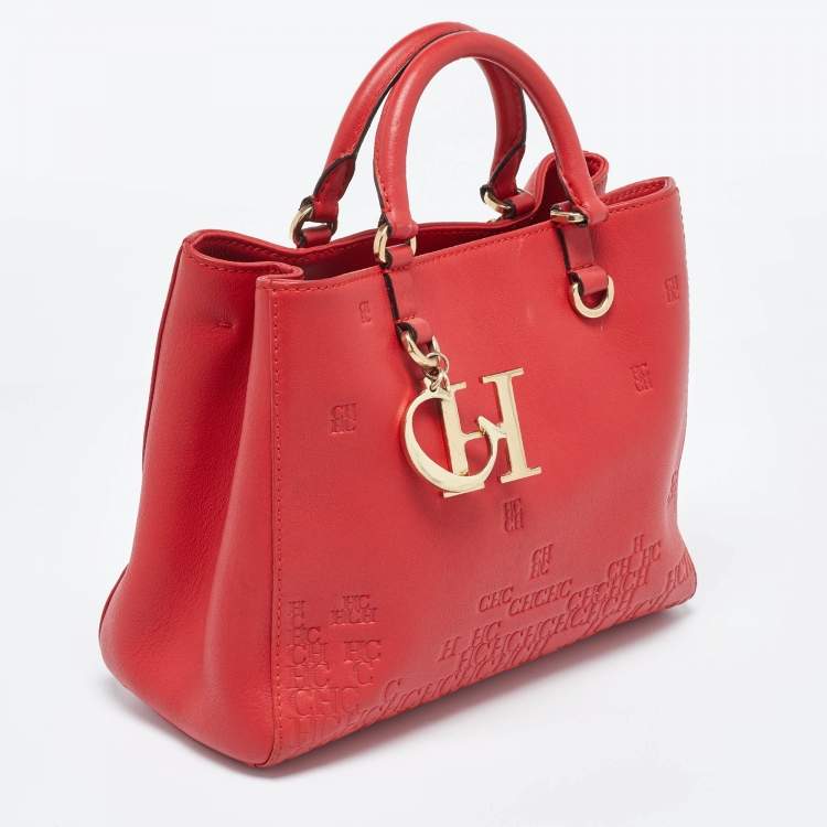 Pre Owned Carolina Herrera Red Monogram Embossed Leather Duchess Tote