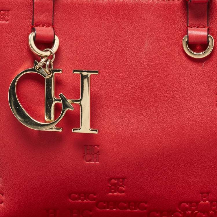 Pre Owned Carolina Herrera Red Monogram Embossed Leather Duchess Tote
