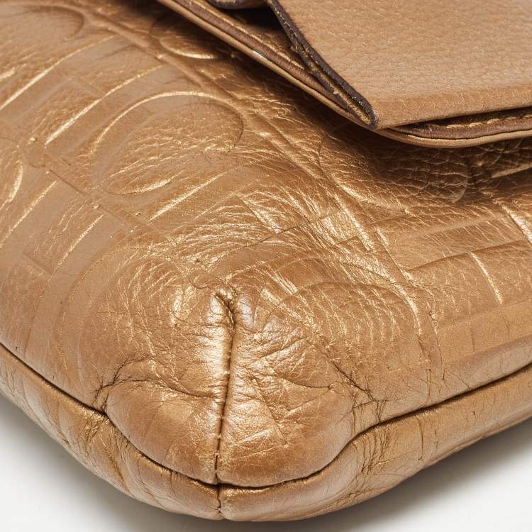 Pre Owned Carolina Herrera Gold Monogram Leather Audrey Shoulder Bag