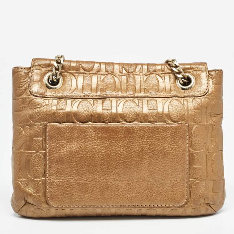 Pre Owned Carolina Herrera Gold Monogram Leather Audrey Shoulder Bag
