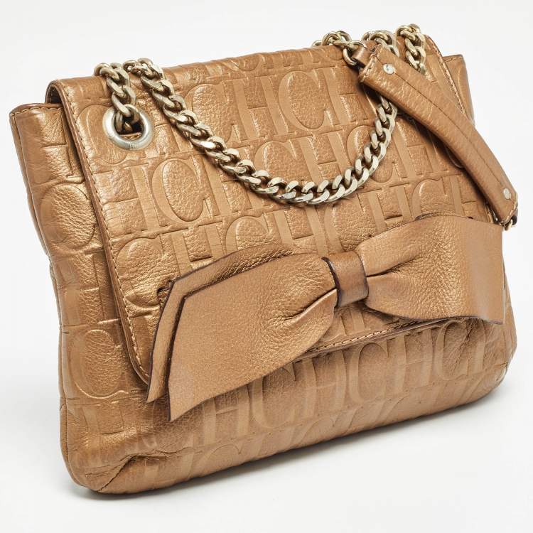 Pre Owned Carolina Herrera Gold Monogram Leather Audrey Shoulder Bag