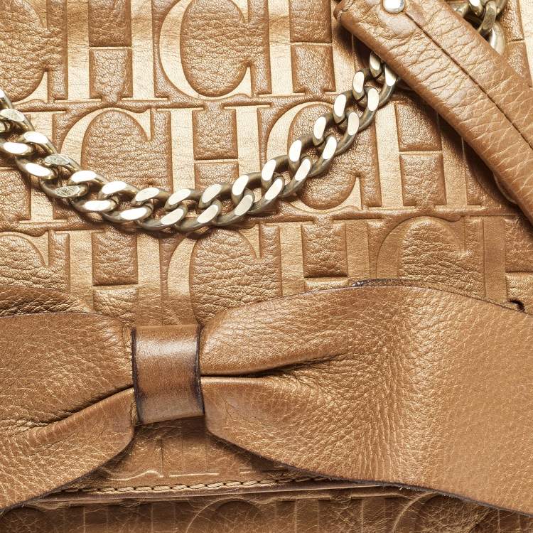 Pre Owned Carolina Herrera Gold Monogram Leather Audrey Shoulder Bag