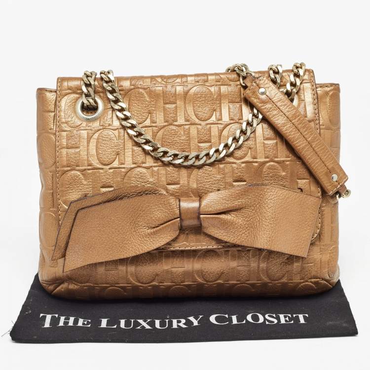 Pre Owned Carolina Herrera Gold Monogram Leather Audrey Shoulder Bag