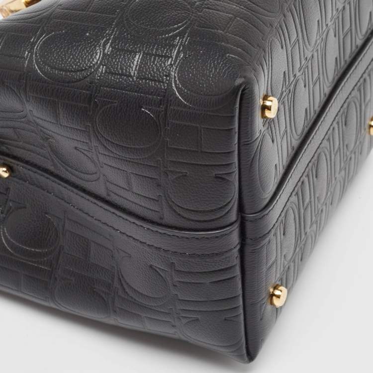 Pre Owned Carolina Herrera Black Monogram Embossed Leather Small Matryoshka Locked Tote