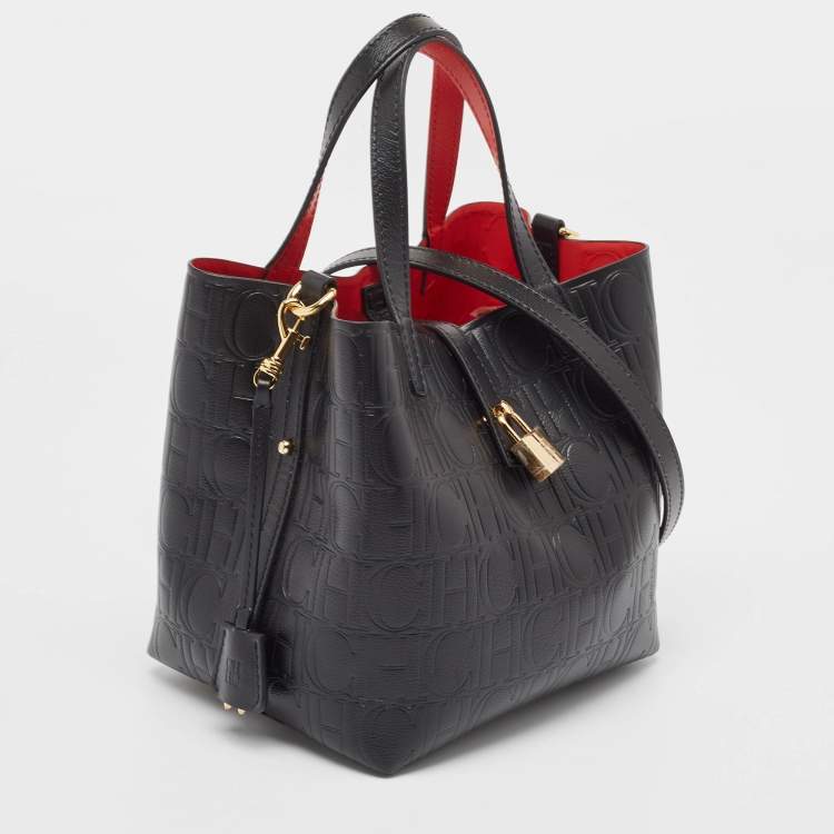 Pre Owned Carolina Herrera Black Monogram Embossed Leather Small Matryoshka Locked Tote