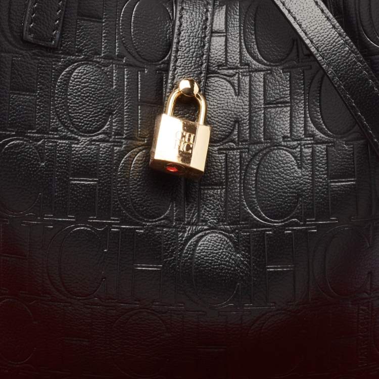 Pre Owned Carolina Herrera Black Monogram Embossed Leather Small Matryoshka Locked Tote