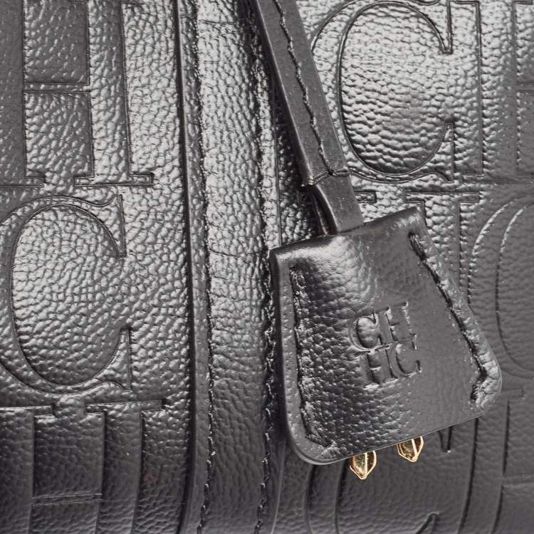Pre Owned Carolina Herrera Black Monogram Embossed Leather Small Matryoshka Locked Tote
