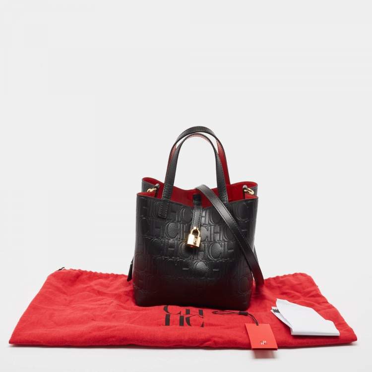 Pre Owned Carolina Herrera Black Monogram Embossed Leather Small Matryoshka Locked Tote