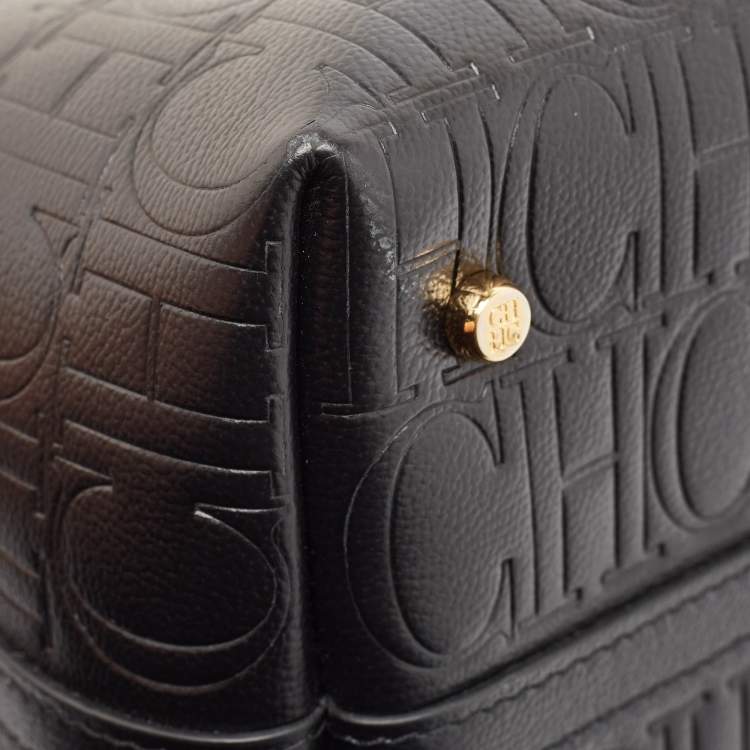 Pre Owned Carolina Herrera Black Monogram Embossed Leather Small Matryoshka Locked Tote