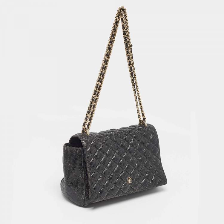 Pre Owned Carolina Herrera Black Quilted Textured Patent Leather Flap Chain Shoulder Bag