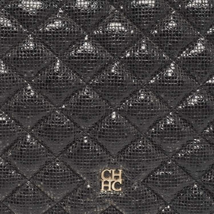 Pre Owned Carolina Herrera Black Quilted Textured Patent Leather Flap Chain Shoulder Bag